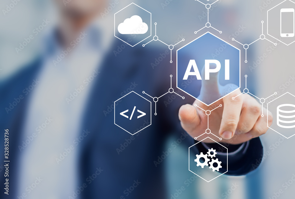 API Application Programming Interface connect services on internet and allow network data communication, software engineer touching concept for IoT, cloud computing, robotic process automation - obrazy, fototapety, plakaty 