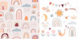 Fototapeta Pokój dzieciecy - Childish set with rainbows, seamless pattern and cute elements, decorative design, pastel colors
