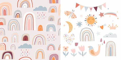Childish set with rainbows, seamless pattern and cute elements, decorative design, pastel colors