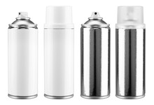 Paint Spray Aluminum Silver Bottles With White Blank Copy Space Label And Without. Coating Can Set Collection Isolated  White Background