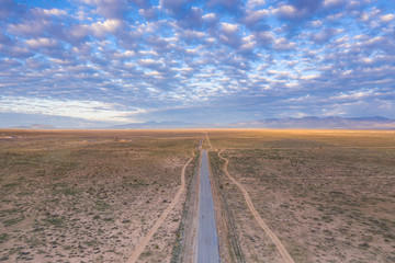 Aerial view of desert road in Mojave California