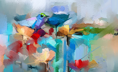 Abstract colorful oil, acrylic painting of bird and spring flower. Modern art paintings brush stroke on canvas. Illustration oil painting, animal and floral for background.