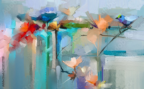 Dekoracja na wymiar  abstrakcyjny-kolorowy-olej-malarstwo-akrylowe-ptaka-i-wiosennego-kwiatu-pedzel-do-malarstwa-nowoczesnego