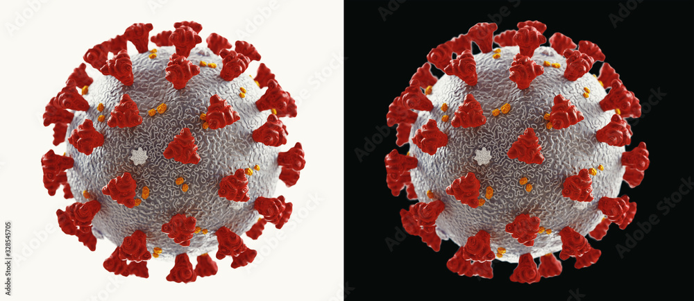 Coronavirus microscopic view. Floating influenza virus cells. Dangerous asian ncov corona virus, SARS pandemic risk concept. 3d rendering - obrazy, fototapety, plakaty 