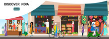 Vector Of A Traditional Indian Market Street With Buildings, People And Passing By Transport