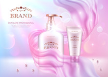 Liquid Soap Dispenser And Hand Cream Tube With Golden Lids On Pink Bokeh Background With Transparent Chiffon Fabric. Advertising Poster For The Promotion Of Cosmetic Skin Care Premium Product