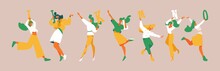 Vector Collection With Happy Dancing Women Holding English Letters From I To O. Drawn In Vibrant Green And Yellow Characters In Casual Clothes
