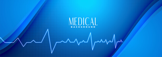 Wall Mural - medical science blue banner with heartbeat line