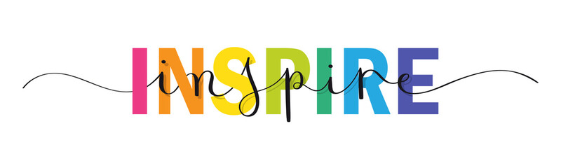 INSPIRE vector rainbow-colored mixed typography banner with interwoven brush calligraphy