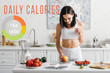 fit sportswoman weighing food on kitchen table, daily calories illustration