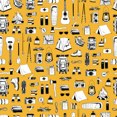 Wall Mural - Vector seamless pattern with black and white elements isolated on yellow. Endless texture. Hiking, camping print. Backpack, boots, tent, compass, map, flashlight, binoculars, camera, bottle of water.