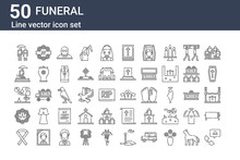 Set Of 50 Funeral Icons. Outline Thin Line Icons Such As Customer Service, Black Ribbon, Wreath, Graveyard, Funeral, Wreath, Military