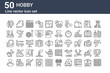 © MacroOne - set of 50 hobby icons. outline thin line icons such as scrapbook, pot, baseball, sewing, gardening, juggling, skateboarding