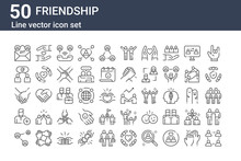 Set Of 50 Friendship Icons. Outline Thin Line Icons Such As Community, Share, Add Friend, Hands, Conversation, Protect, Develop