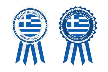 Wall Mural - Two modern vector Made in Greece labels isolated on white background, simple stickers in Greek colors, premium quality stamp design, flag of Greece