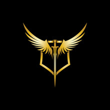 Gold Winged Sword With Shield Vector Icon.