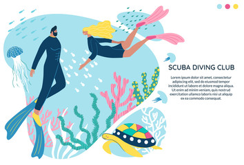 Scuba diving club vector banner with space for text. People swimming in ocean. Woman and man in a wetsuit or swimsuit snorkeling and exploring sea ​​bottom, fishes, corals, turtles, jellyfish.