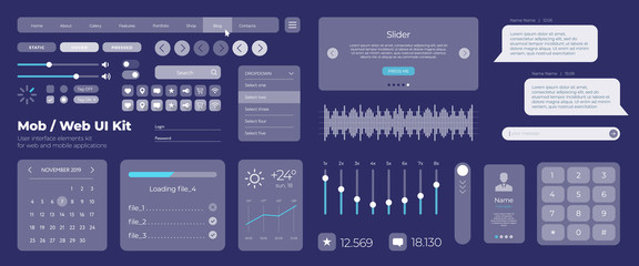 Fototapete - Ultimate web UI UX elements collection flat kit for mobile applications and web: icons and forms, button and check box. Universal user interface template with responsive design on blue background