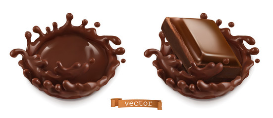 A piece of chocolate and a chocolate splash. 3d vector realistic food illustration