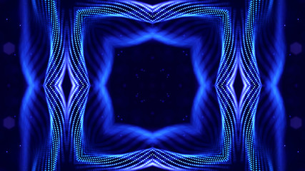 abstract sci-fi background with glow particles form curved lines, surfaces, hologram structures or virtual digital space. Blue motion design background with symmetrical pattern. Square structure 2