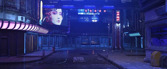 Wall Mural - Blue neon night in a city of a future. Photorealistic 3d illustration of the futuristic street in the style of cyberpunk. Grunge urban landscape.