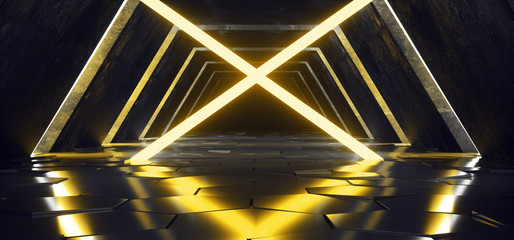 Futuristic Modern Sci Fi Alienship Hexagon Floor Reflective Tunnel Corridor With Glowin Neon Yellow Orange Light Laser Background 3D Rendering