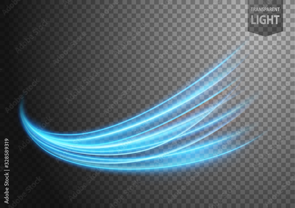 Abstract blue wavy line of light with a transparent background, isolated and easy to edit - obrazy, fototapety, plakaty 