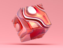 3d Render Of Abstract Art 3d Cube Or Box In Organic Curve Wavy Round Smooth And Soft Bio Forms In White Matte Plastic Material With Glossy Glass Transparent Parts In Red Color On Light Red Background