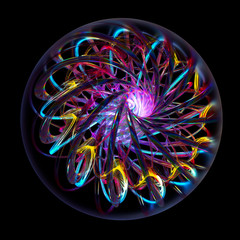 Wall Mural - 3d render of art glass 3d ball with bur effect on the edges with abstract flower or turbine engine inside based on tubes with glowing neon light purple color core in the centre on black background 