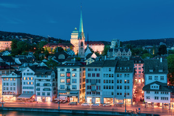 Wall Mural - Aerial view of Old Town and river Limmat during morning blue hour in Old Town of Zurich, the largest city in Switzerland