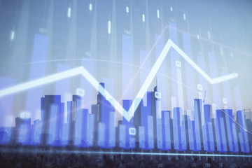 Forex chart on cityscape with skyscrapers wallpaper double exposure. Financial research concept.