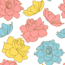 Romantic Pink, Yellow And Blue Floral Seamless Pattern Background With Gardenia Jasminoides Or Cape Jasmine Flowers. Colorful Floral Background In Hand Drawn Style. Great For Wallpaper, Textile,fabric