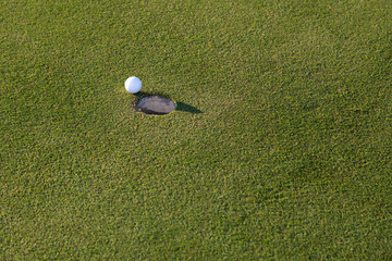 Golf club and ball in grass at the Golf course. White Golf ball on Green field golf course in morning time with sun light