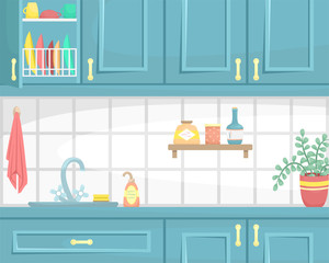 Kitchen interior with wooden cabinets. Sink on the countertop and dish. Flat vector illustration.