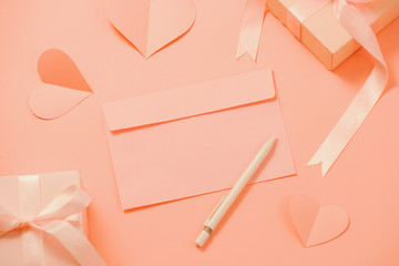 Sticker - Woman's Day; romantic template; mock up with heart paper; pink box gift; bow ribbon and envelope in pink background