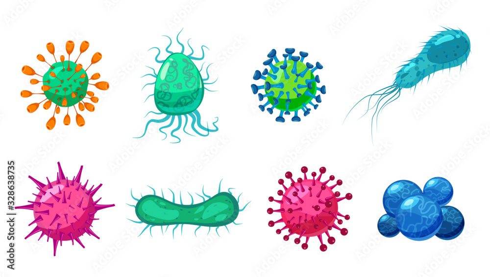Set Viruses bacterias germs microorganisms disease-causing objects pandemic microbes, fungi infection - obrazy, fototapety, plakaty 