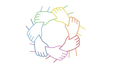 teamwork. seven united hands. line drawing vector illustration.
