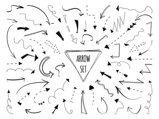 Arrows hand drawn set. Dotted black line. Sketch point curve zigzag arrow symbol. Doodle left right down direction sign. Business growth up graphic design element Isolated on white vector illustration