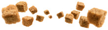 Bread croutons levitate on a white background