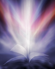 Poster - Imagine a picture book of an ancient book opened on a wooden table with a sparkling golden background. With magical power, magic, lightning around a glowing glowing book In the room of darkness