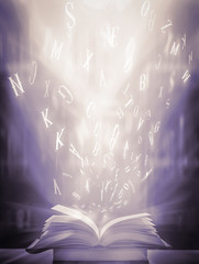 Poster - The concept of education by planting a tree of knowledge in the opening of an old book in the library and the magical magic of light that flies to the destination of success. Beautiful background