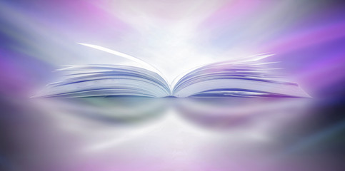 Poster - the blurred book that is bewitched with magic, the magic light in the dark, with the bright light sh