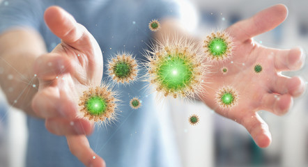 Poster - Man analyzing bacteria on microscopic close-up 3D rendering