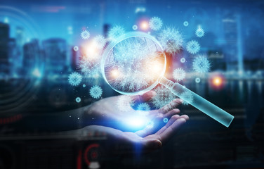 Poster - Man analyzing holographic cell projection through magnifying glass 3D rendering