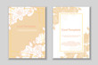 © akini - Set of rectangular golden line frame with hand drawn white and pink rose flower arrangement. Greeting card template. Vector illustration.