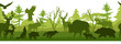 Horizontal seamless landscape with forest animals’ silhouettes. Coniferous woods with bear, wolf, fox, stag, deer, eagle, falcon, buffalo, pig. Green wildlife background for prints, advertisements