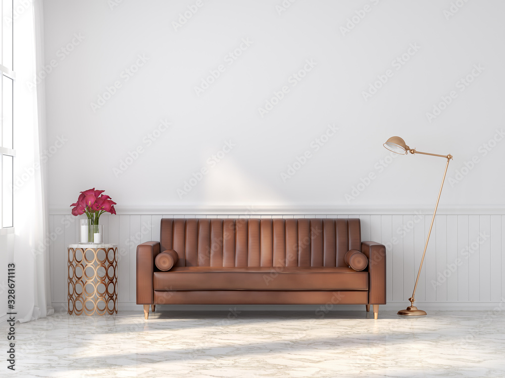 Orange-brown vintage leather sofa in a classic white room 3d render With marble floors Decorate the golden table and lamp There is a large window of sunlight entering the room. - obrazy, fototapety, plakaty 