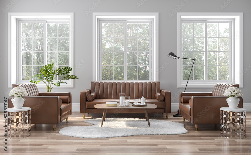 The vintage style living room is decorated with brown-orange leather sofas 3D render. The rooms have wooden floors and gray walls, with white windows offering natural views. - obrazy, fototapety, plakaty 