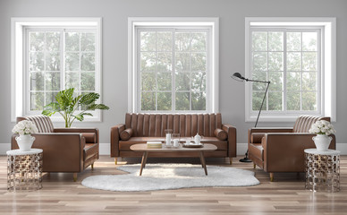 Wall Mural - The vintage style living room is decorated with brown-orange leather sofas 3D render. The rooms have wooden floors and gray walls, with white windows offering natural views.