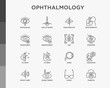 Ophthalmology thin line icons set: laser eye surgery, eye test, eye drops, contact lenses, cataract, astigmatism, phoropter, autorefractometer, farsightedness, nearsightedness. Vector illustration.